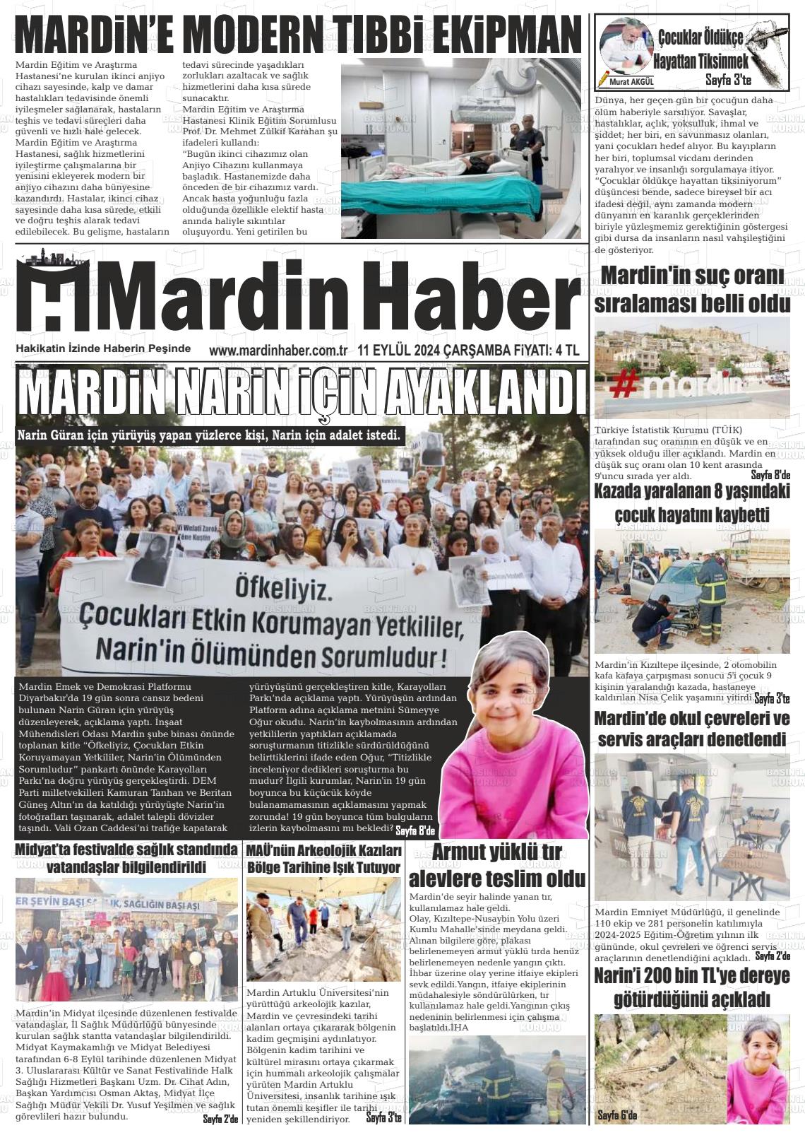 11 Eylül 2024 Mardin Haber Gazete Manşeti