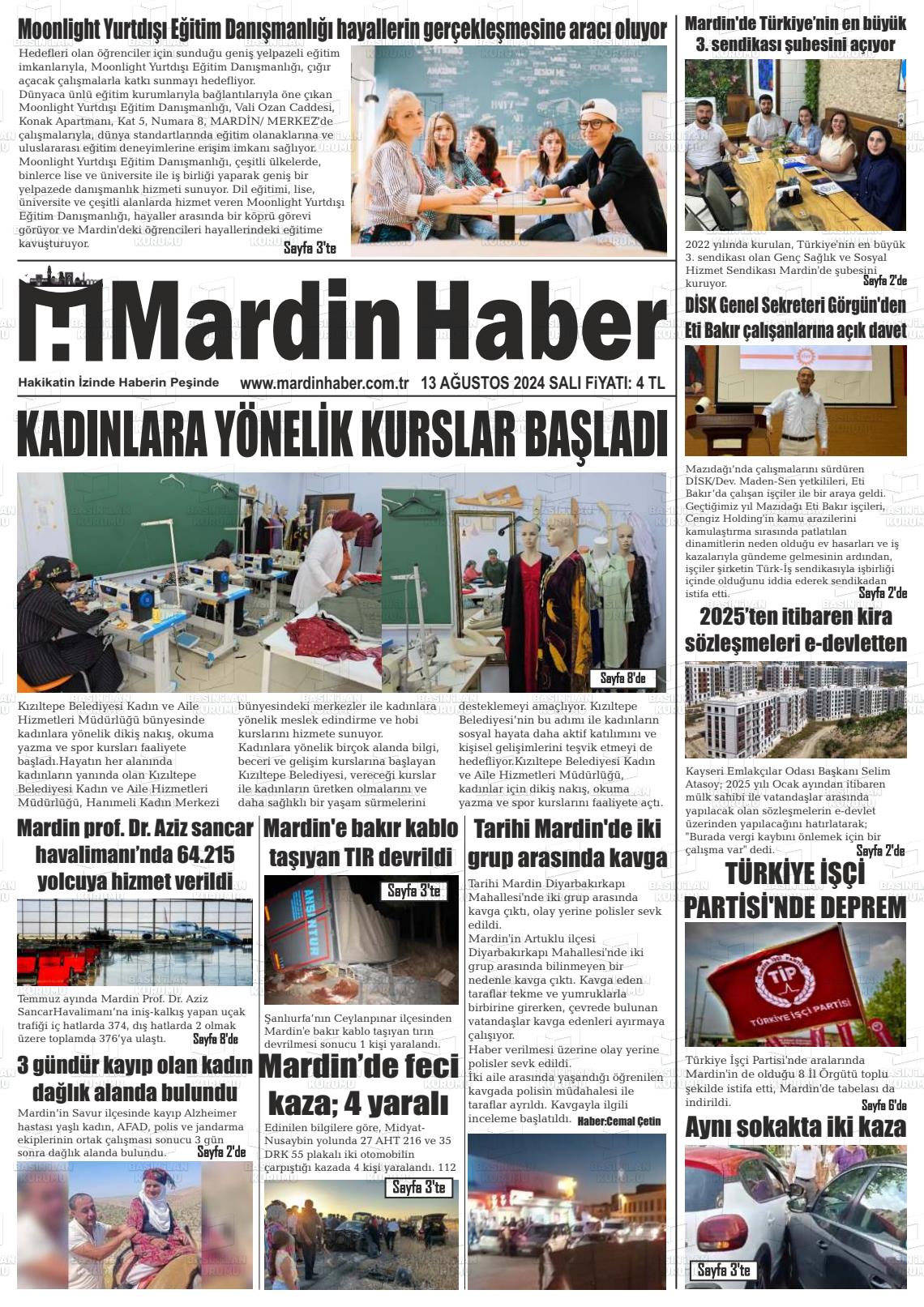 13 Ağustos 2024 Mardin Haber Gazete Manşeti