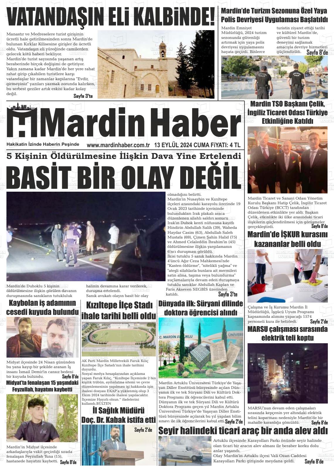 13 Eylül 2024 Mardin Haber Gazete Manşeti