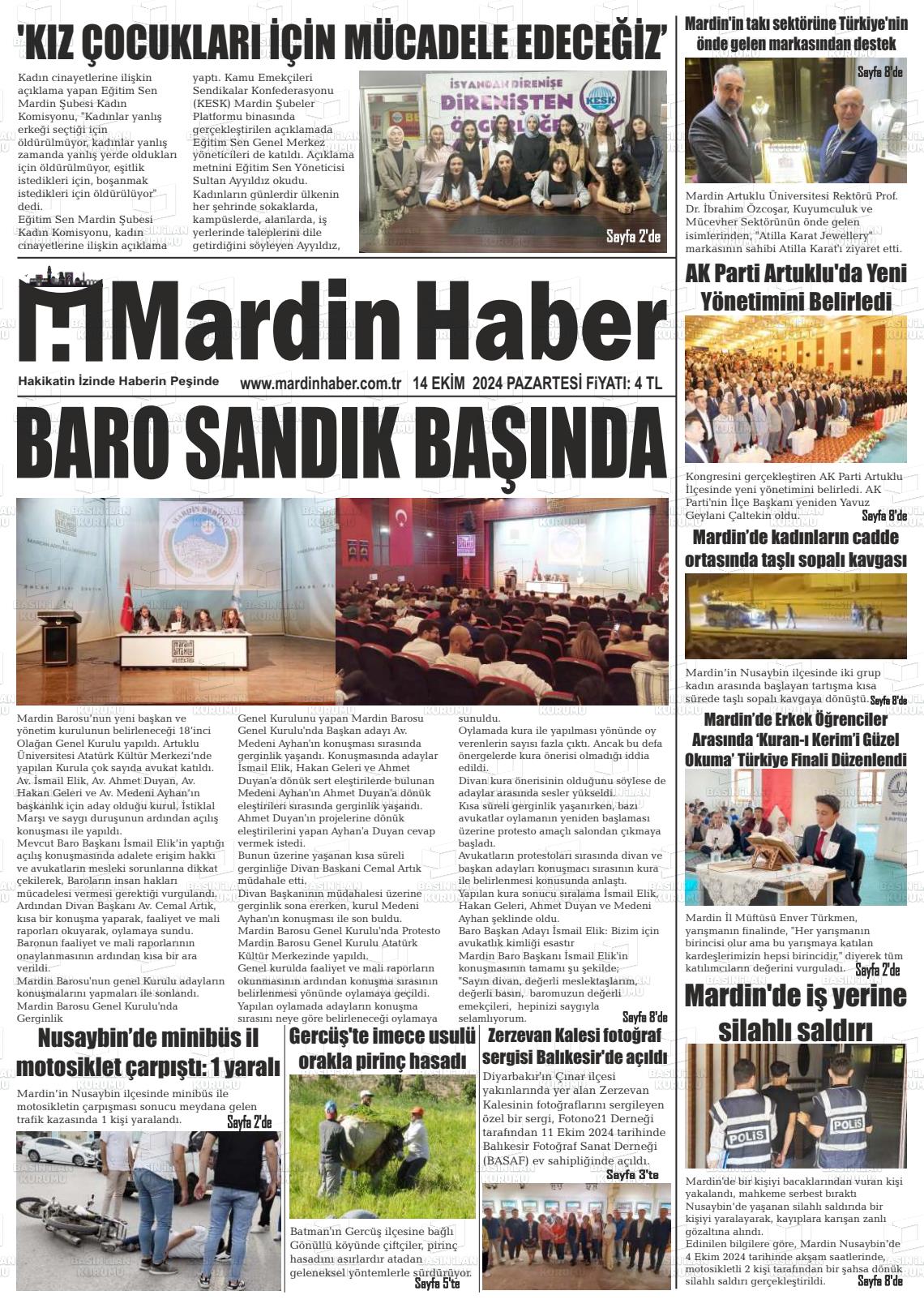 14 Ekim 2024 Mardin Haber Gazete Manşeti