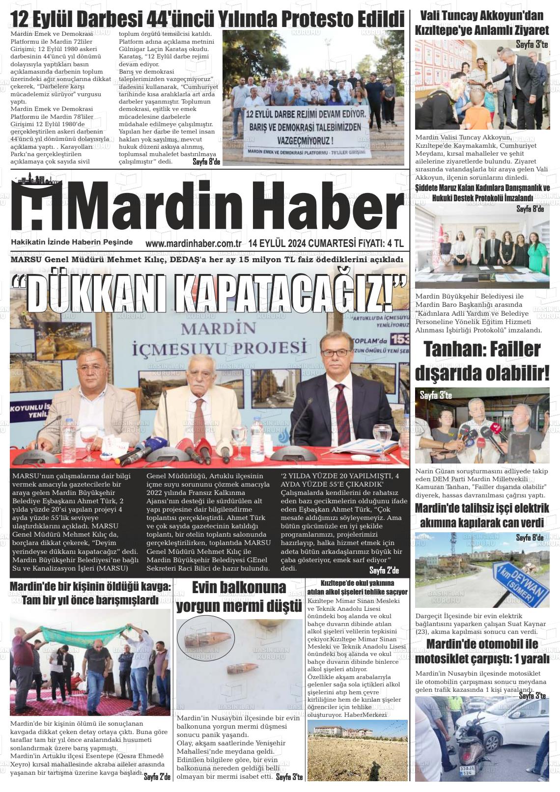 14 Eylül 2024 Mardin Haber Gazete Manşeti