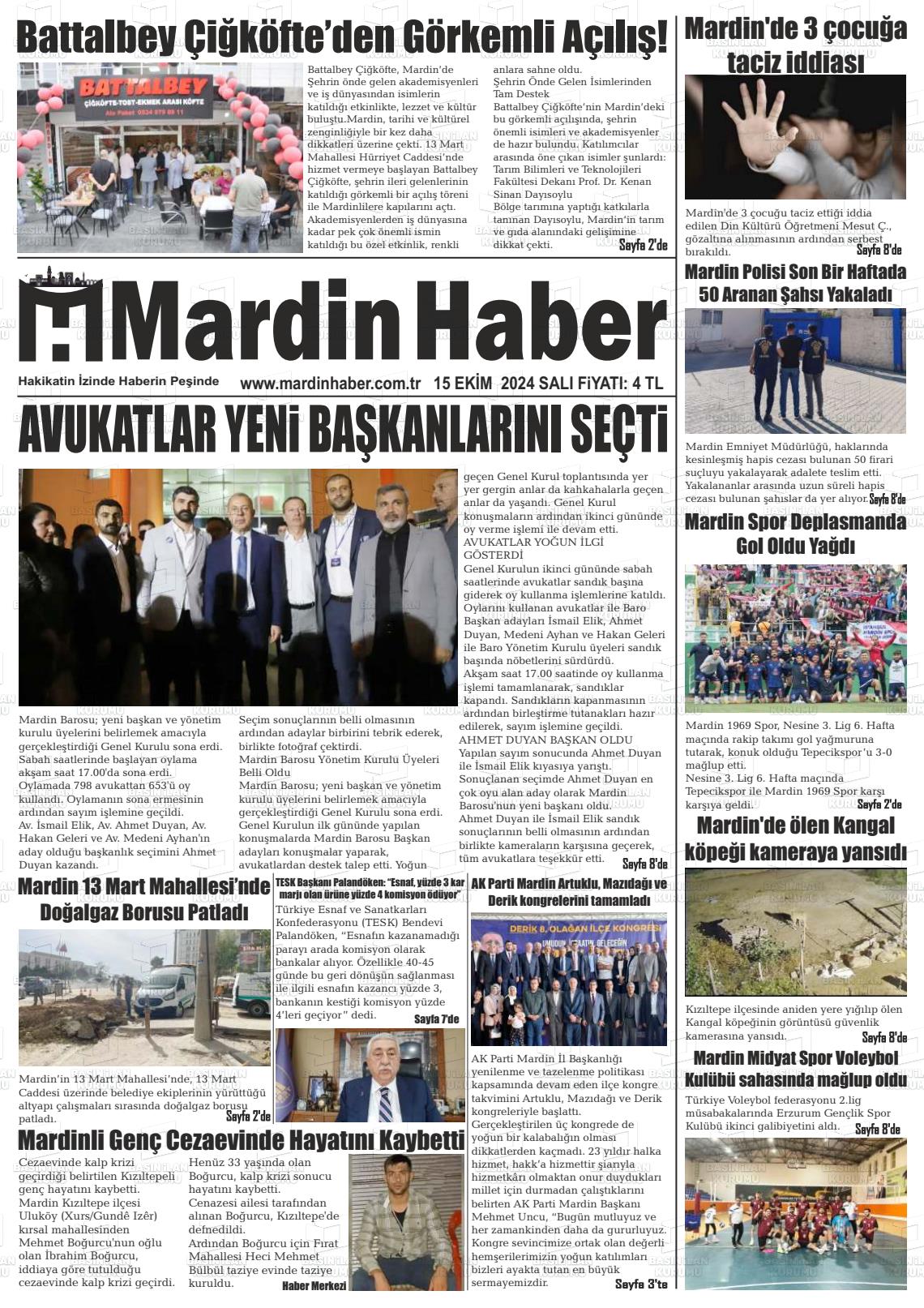 15 Ekim 2024 Mardin Haber Gazete Manşeti