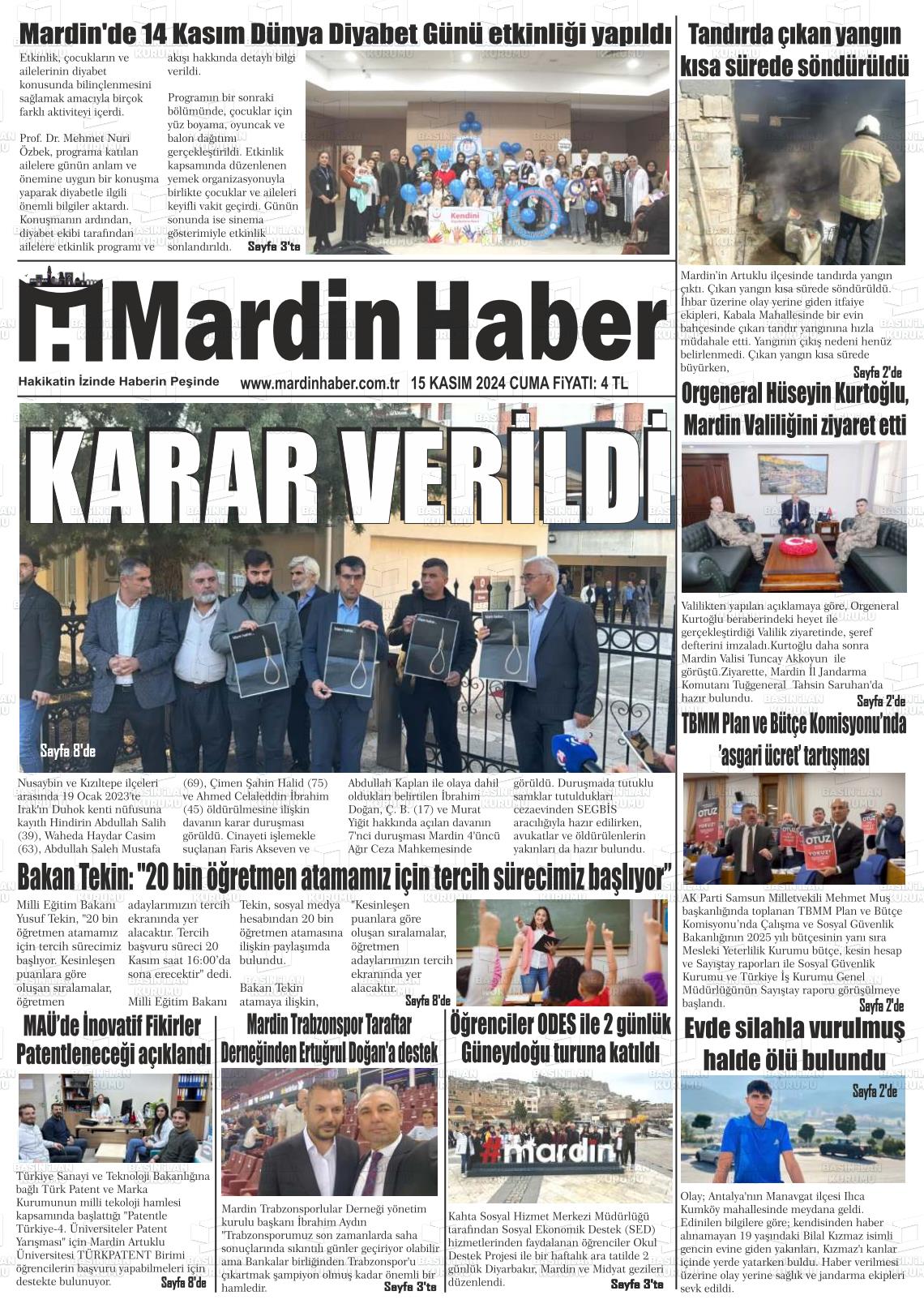 15 Kasım 2024 Mardin Haber Gazete Manşeti