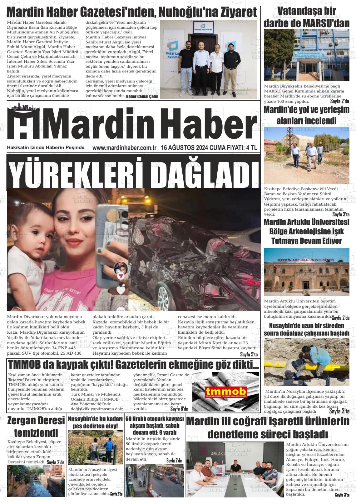 16 Ağustos 2024 Mardin Haber Gazete Manşeti