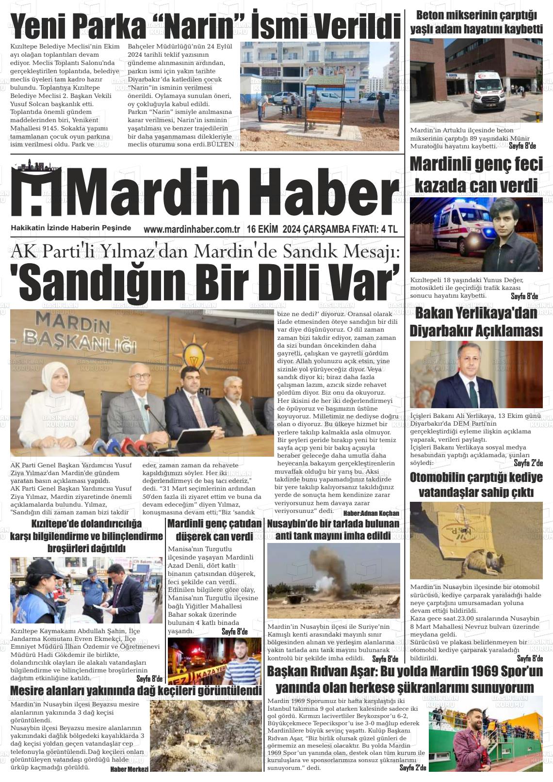 16 Ekim 2024 Mardin Haber Gazete Manşeti