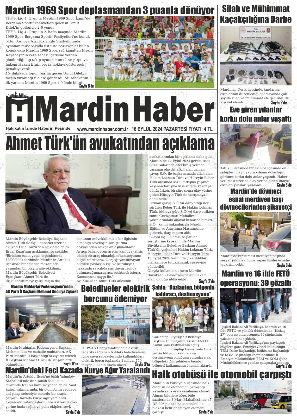 16 Eylül 2024 Mardin Haber Gazete Manşeti