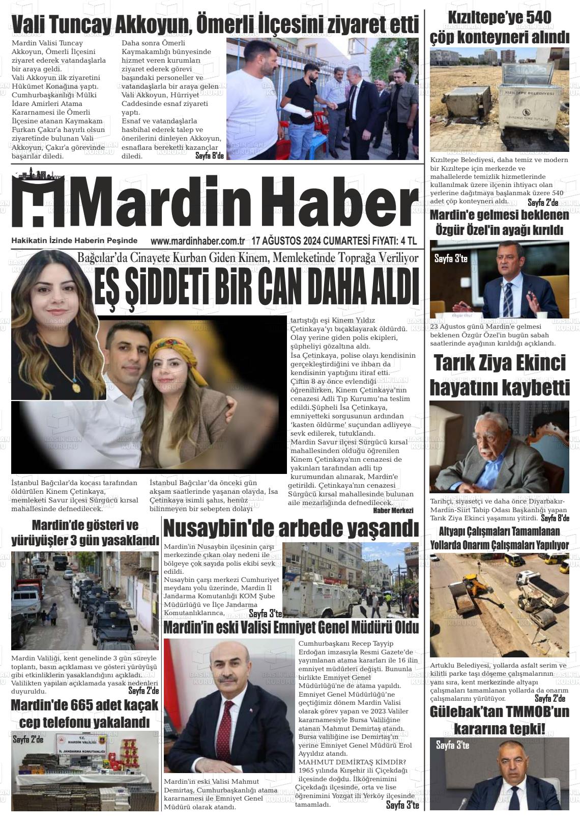 17 Ağustos 2024 Mardin Haber Gazete Manşeti