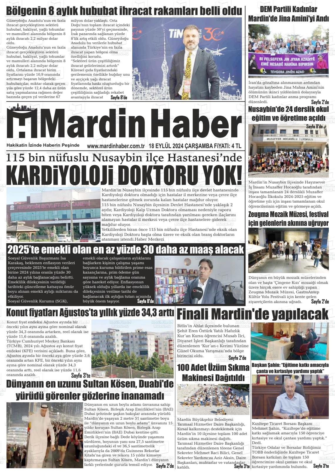 18 Eylül 2024 Mardin Haber Gazete Manşeti