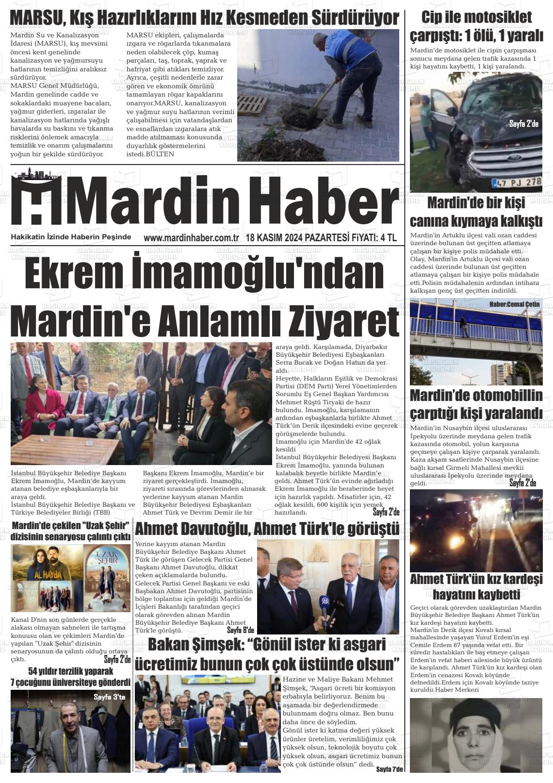 18 Kasım 2024 Mardin Haber Gazete Manşeti