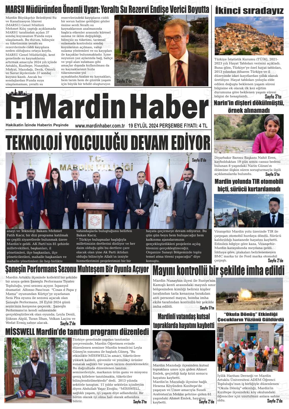 19 Eylül 2024 Mardin Haber Gazete Manşeti