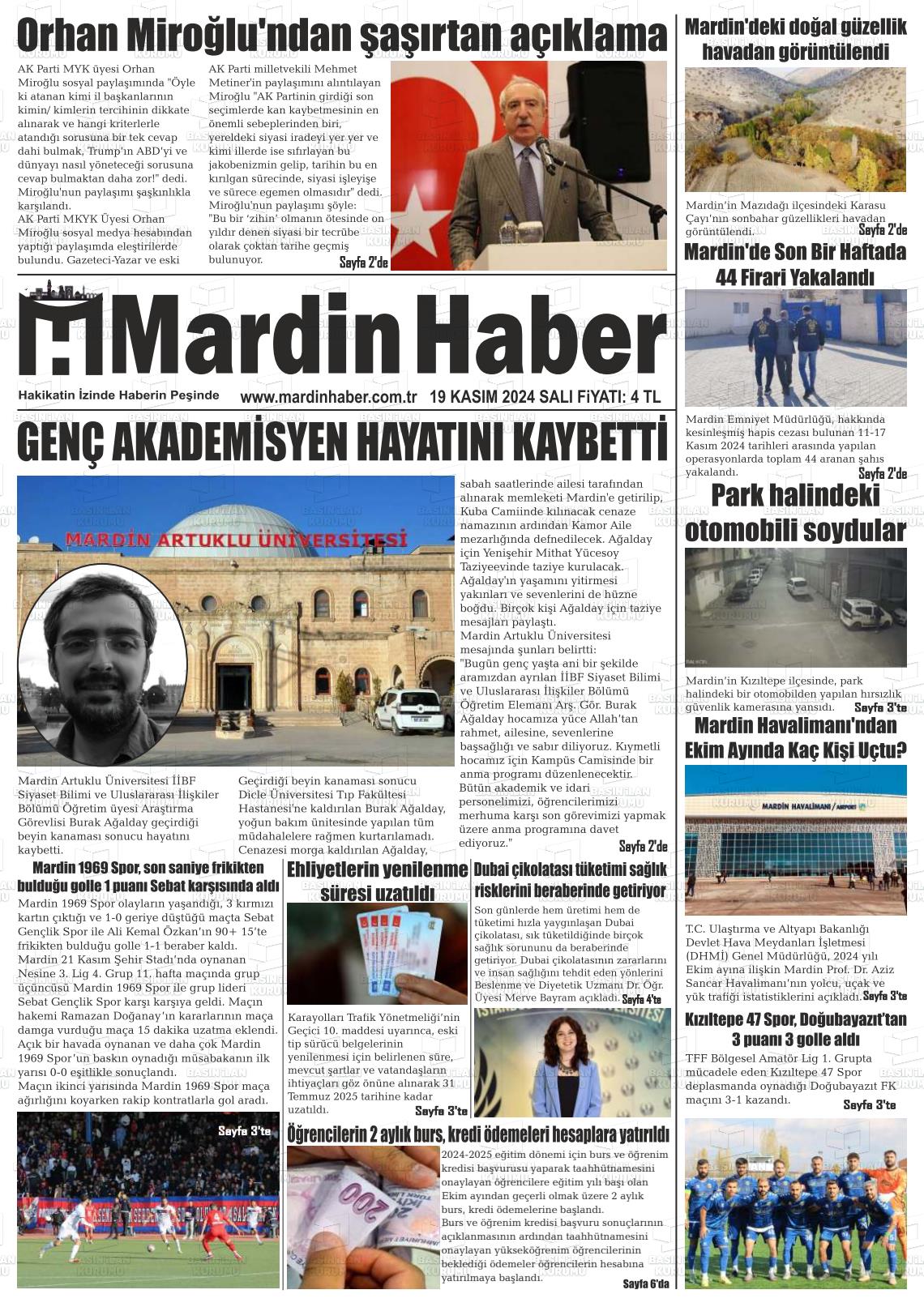 19 Kasım 2024 Mardin Haber Gazete Manşeti