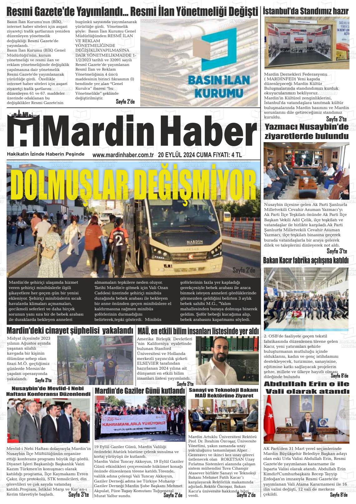 20 Eylül 2024 Mardin Haber Gazete Manşeti