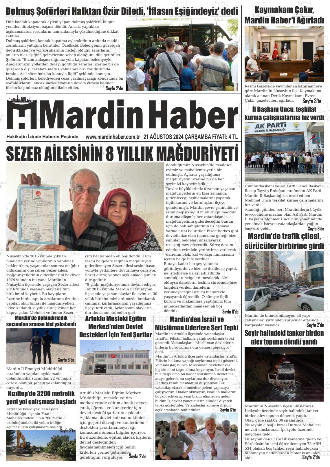 21 Ağustos 2024 Mardin Haber Gazete Manşeti