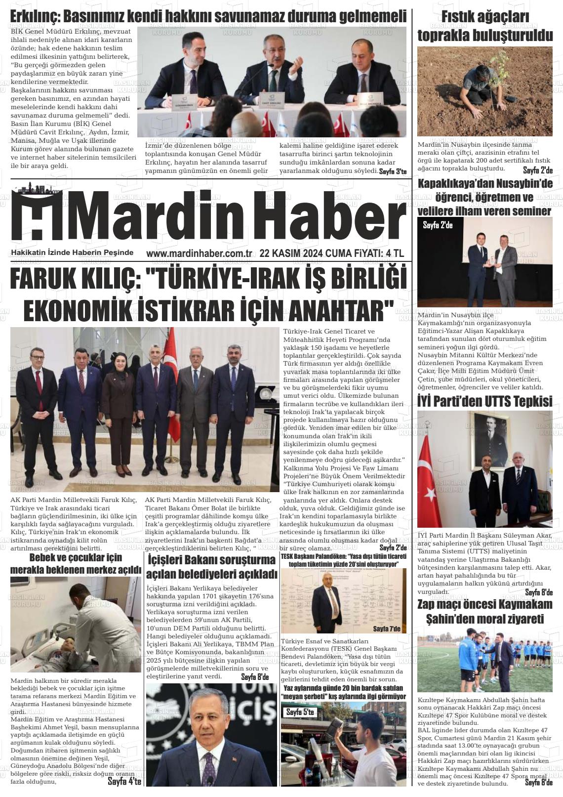 22 Kasım 2024 Mardin Haber Gazete Manşeti