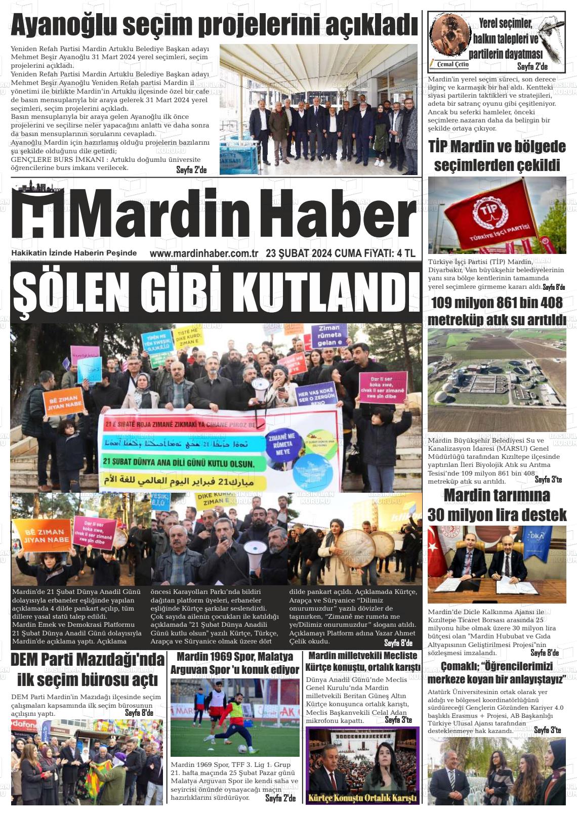 23 Şubat 2024 Mardin Haber Gazete Manşeti