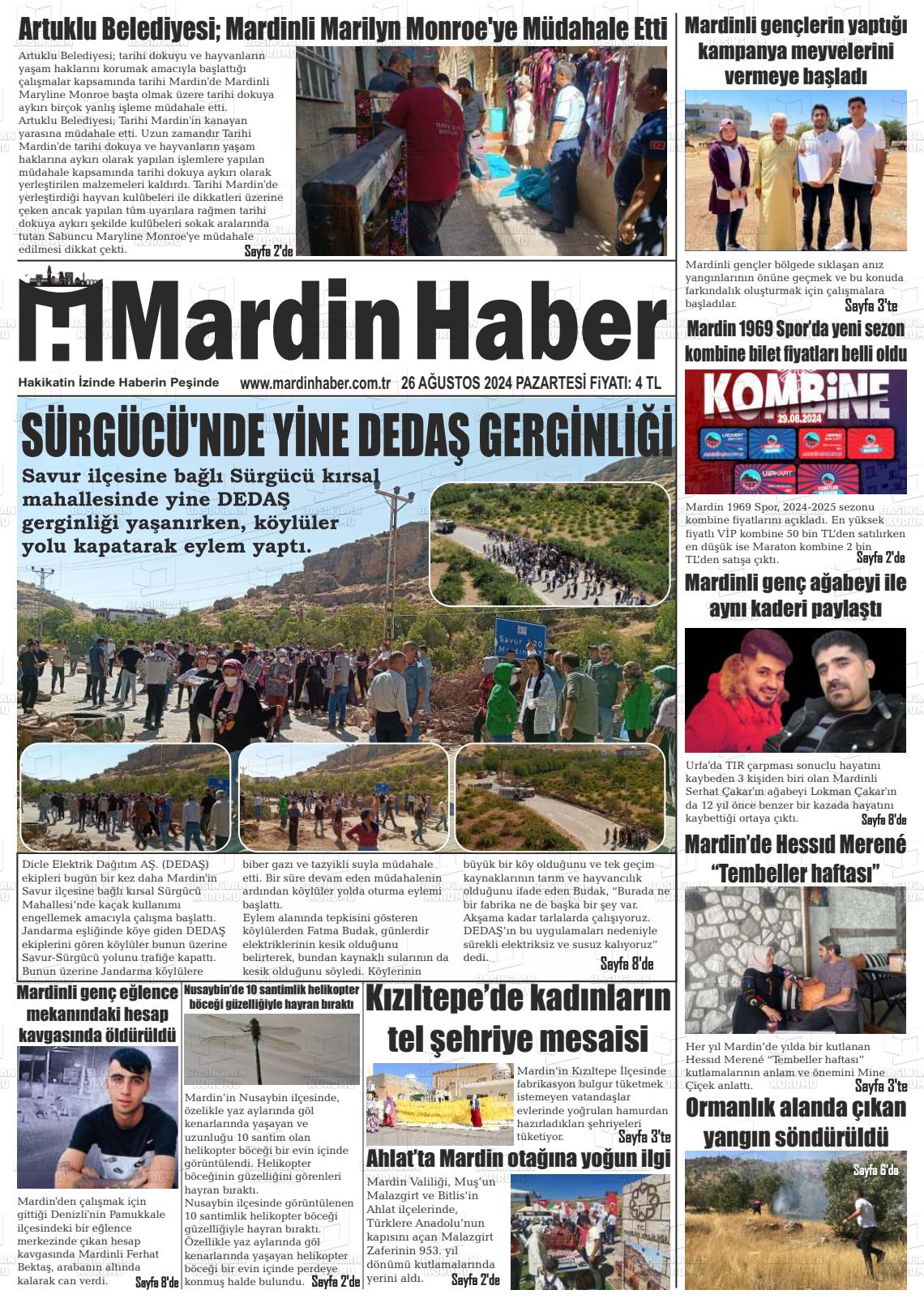 26 Ağustos 2024 Mardin Haber Gazete Manşeti