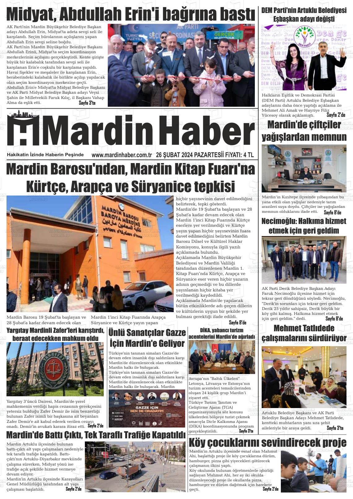 26 Şubat 2024 Mardin Haber Gazete Manşeti