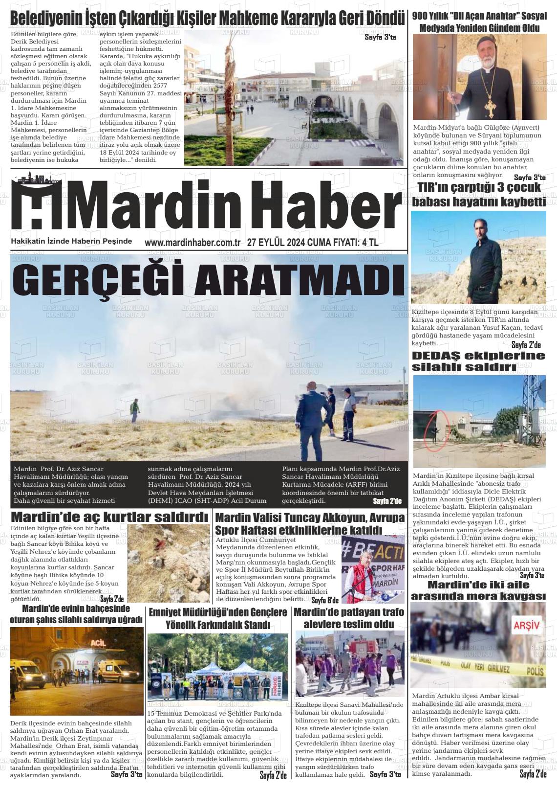 27 Eylül 2024 Mardin Haber Gazete Manşeti