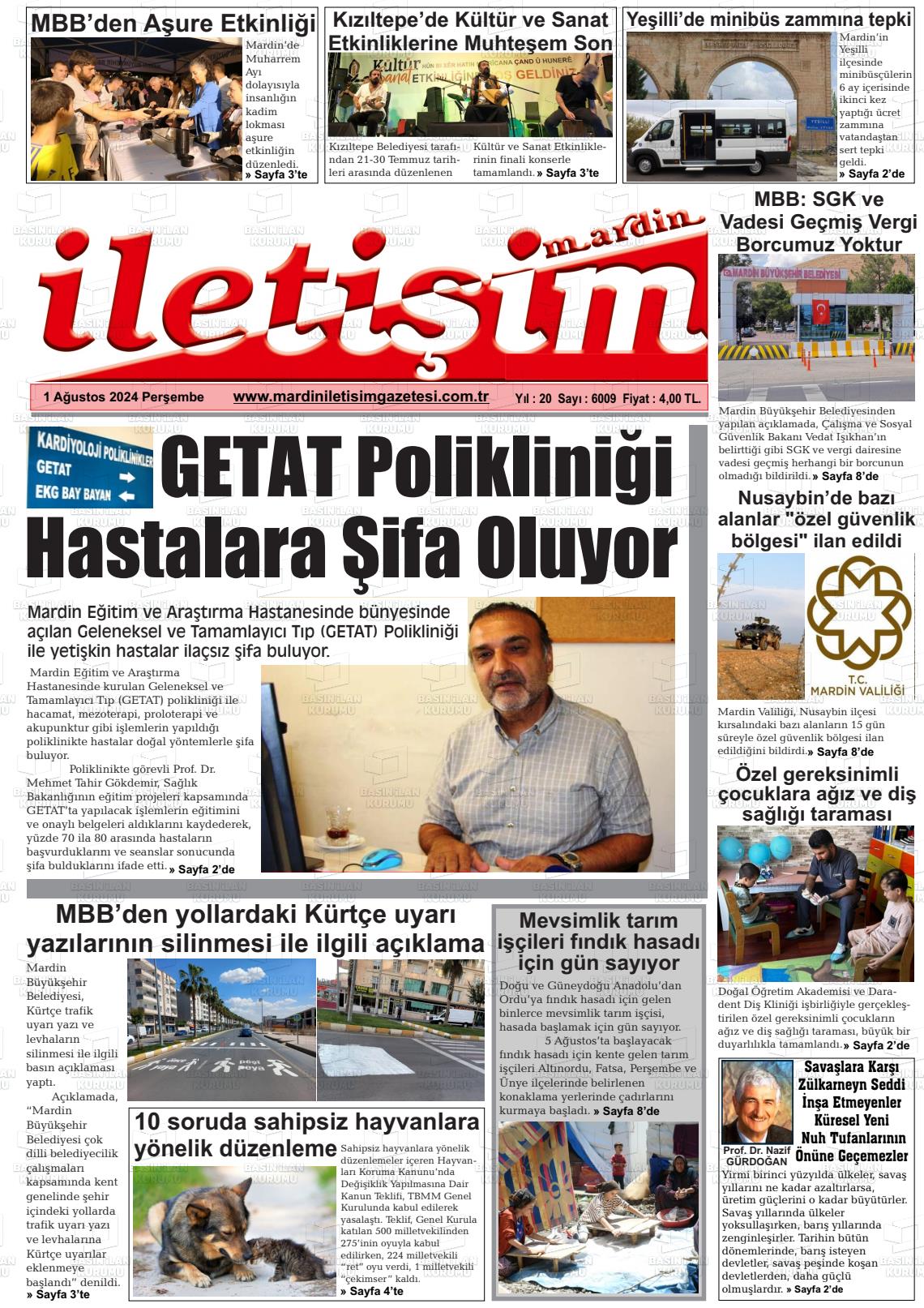 01 Ağustos 2024 Mardin İletişim Gazete Manşeti