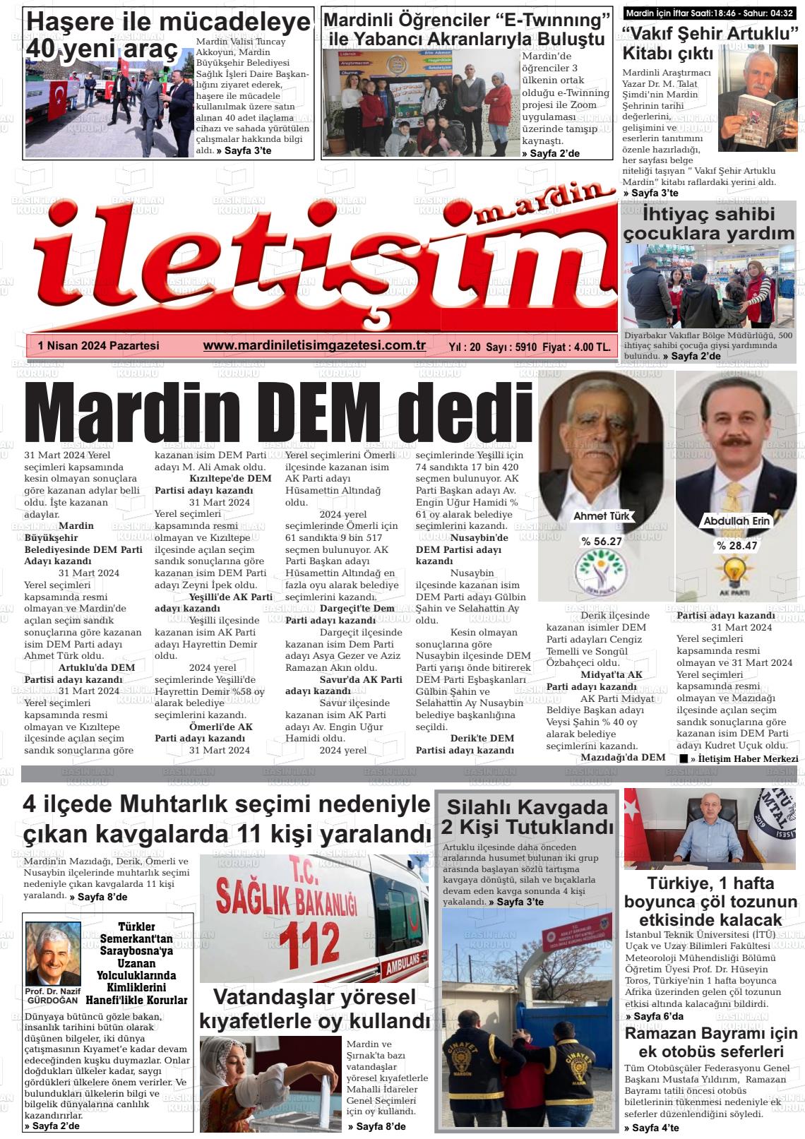 01 Nisan 2024 Mardin İletişim Gazete Manşeti