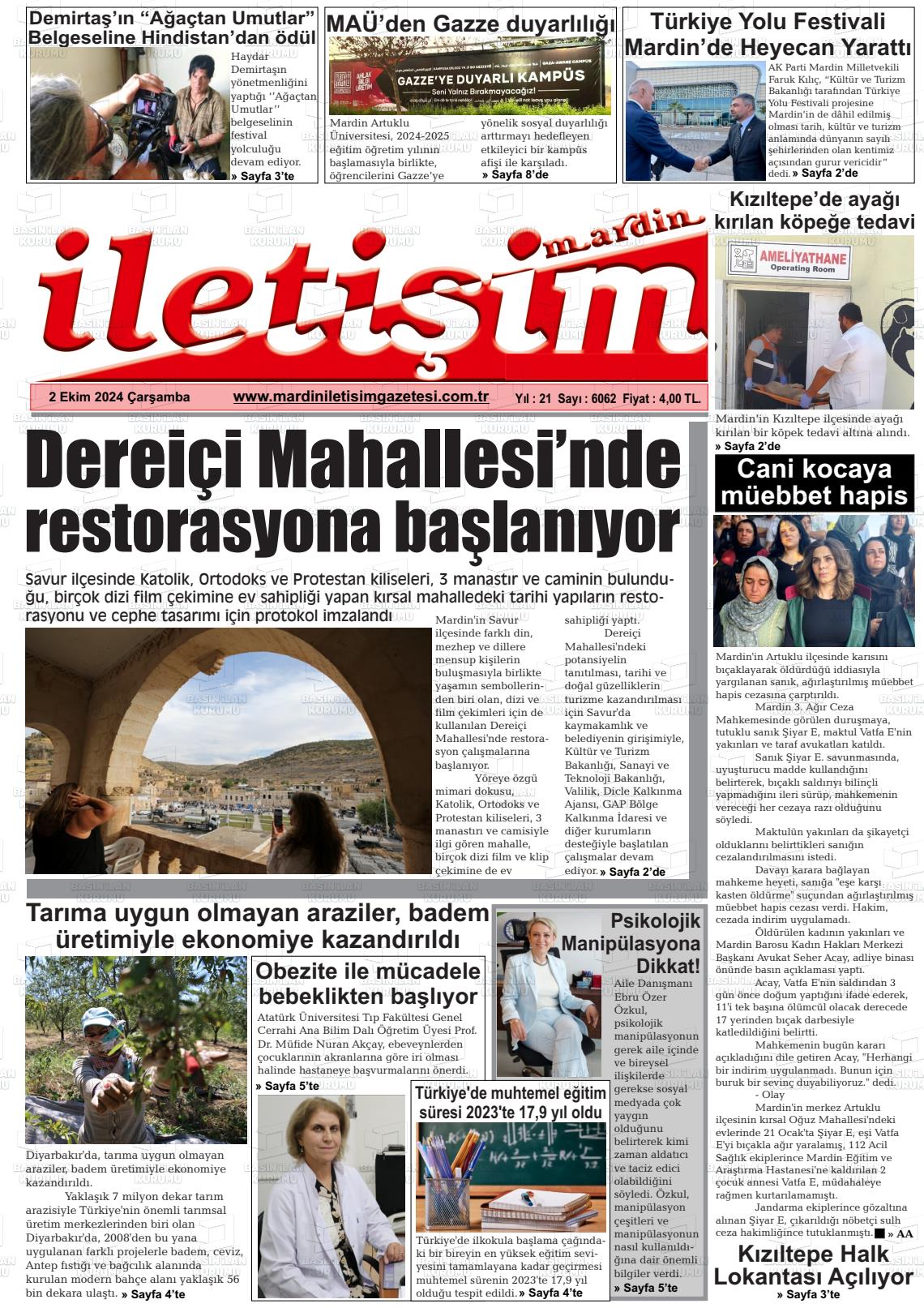 02 Ekim 2024 Mardin İletişim Gazete Manşeti