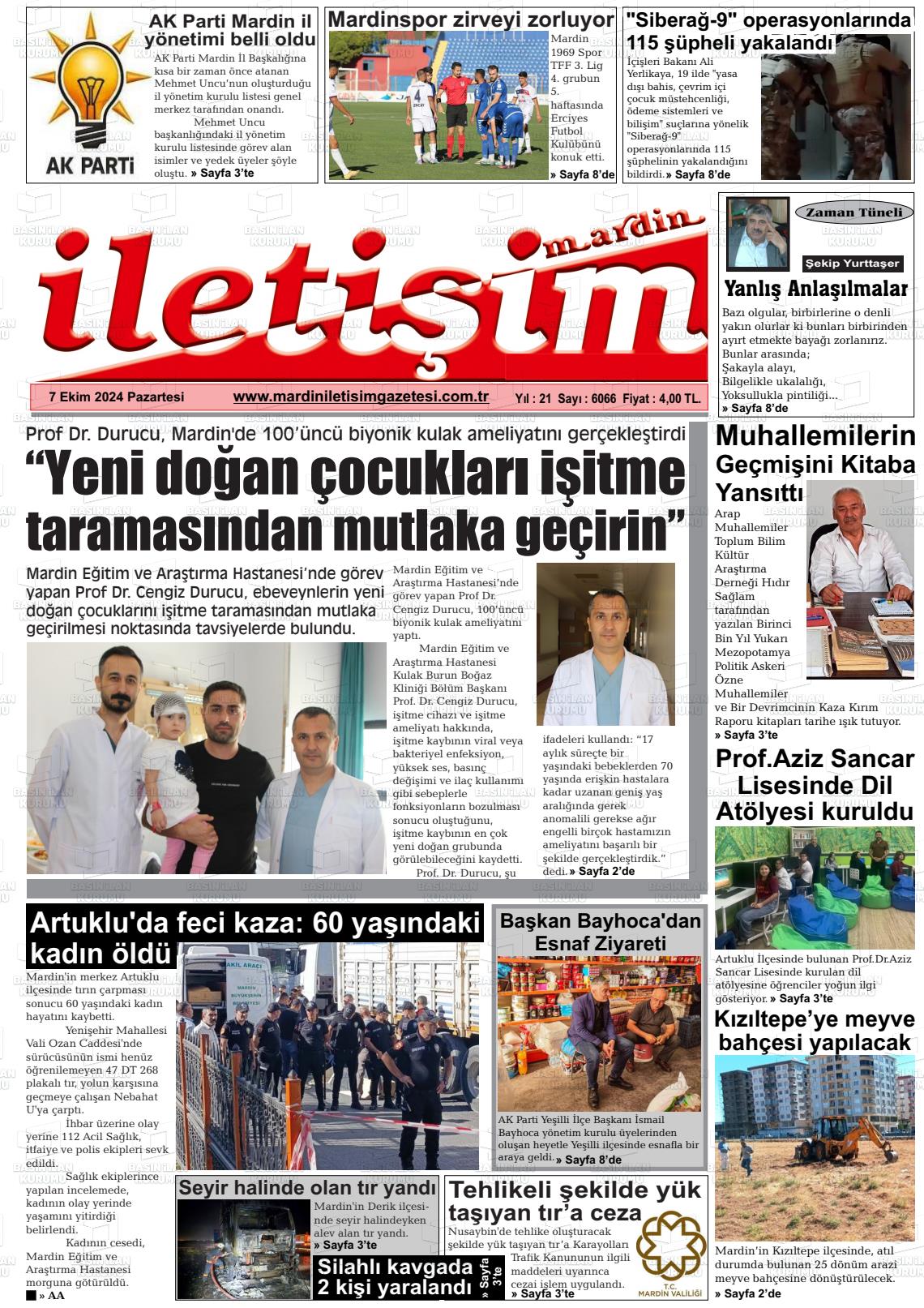 07 Ekim 2024 Mardin İletişim Gazete Manşeti