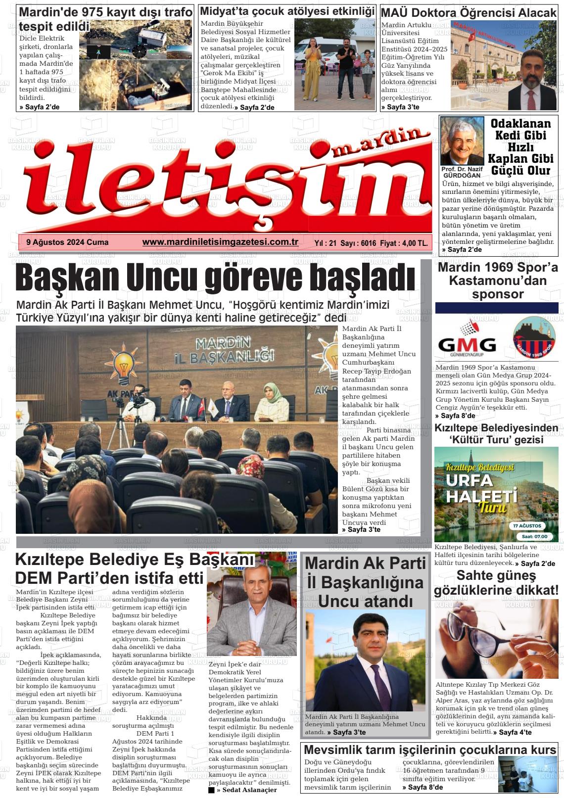 09 Ağustos 2024 Mardin İletişim Gazete Manşeti