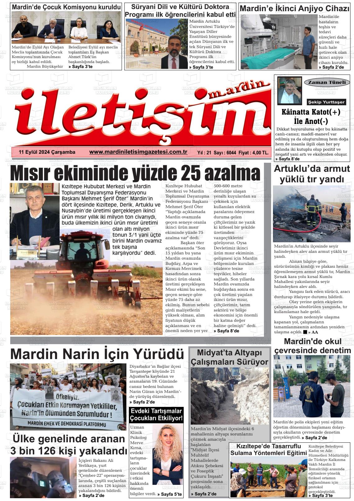 11 Eylül 2024 Mardin İletişim Gazete Manşeti