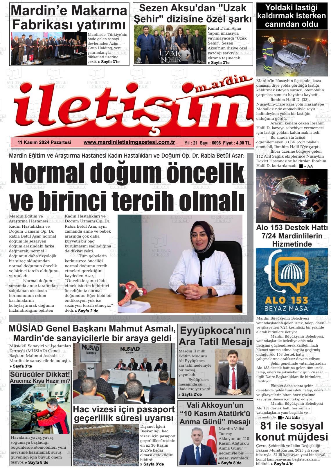 11 Kasım 2024 Mardin İletişim Gazete Manşeti