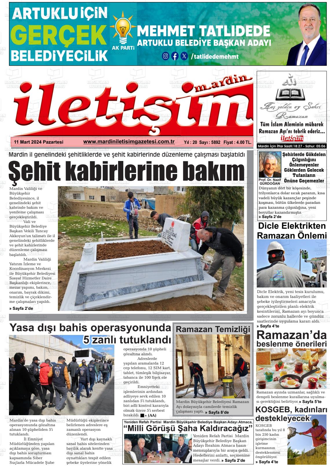 11 Mart 2024 Mardin İletişim Gazete Manşeti