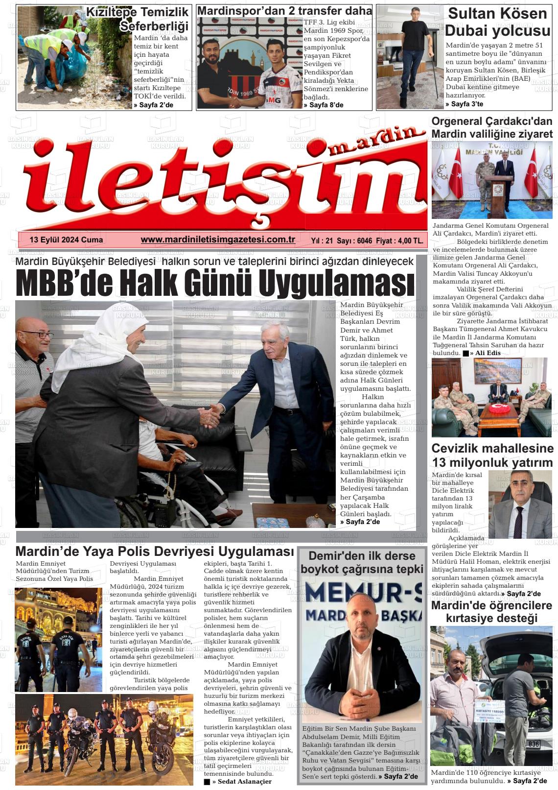 13 Eylül 2024 Mardin İletişim Gazete Manşeti