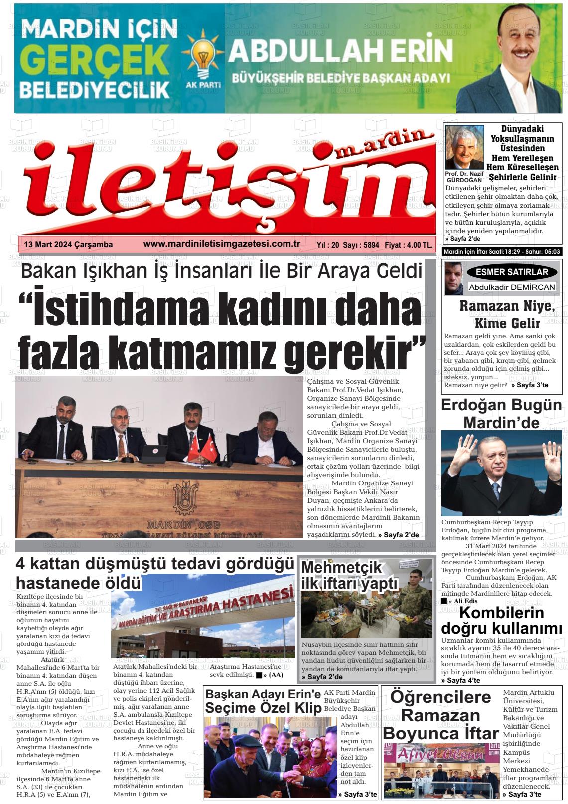 13 Mart 2024 Mardin İletişim Gazete Manşeti