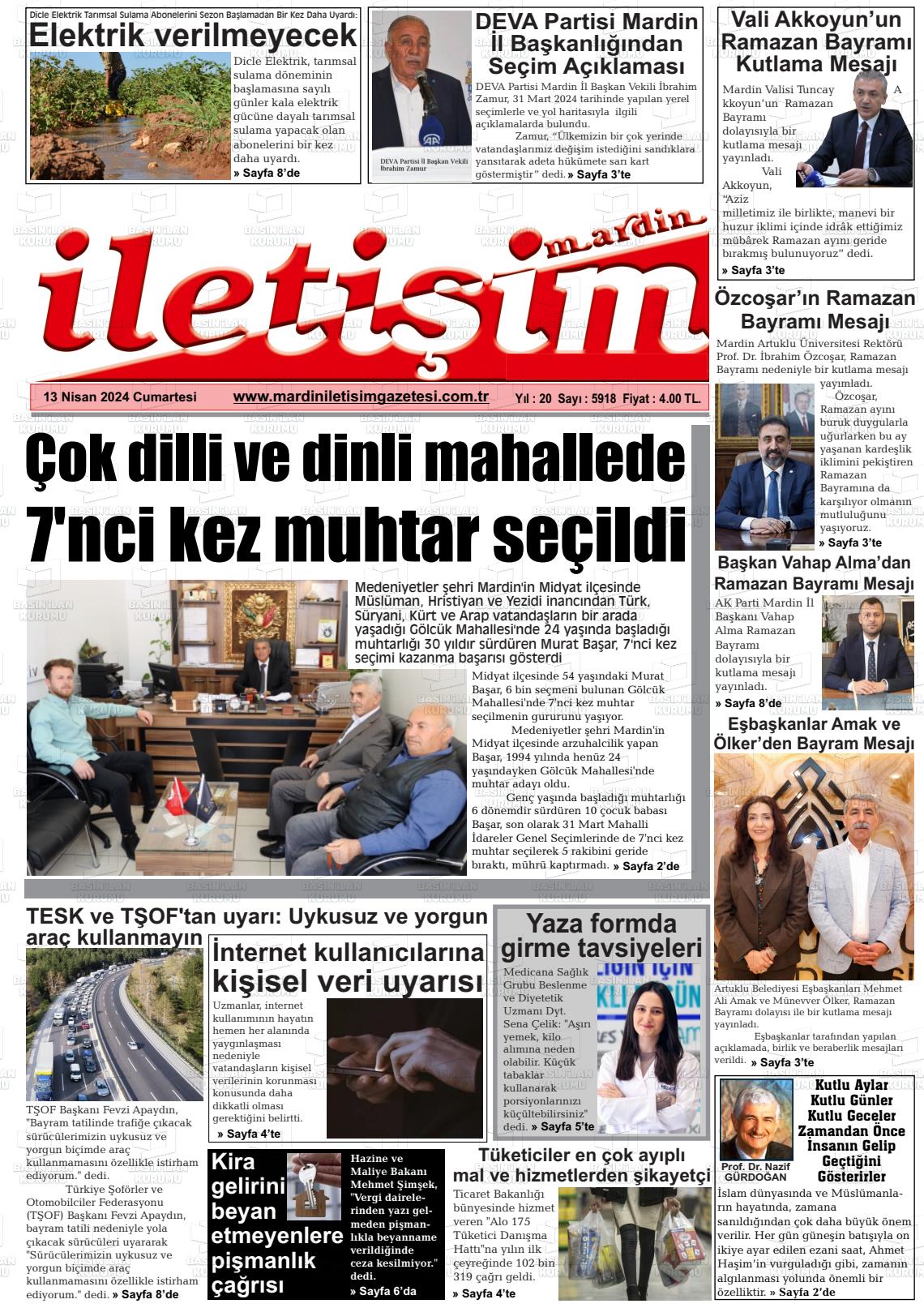 13 Nisan 2024 Mardin İletişim Gazete Manşeti