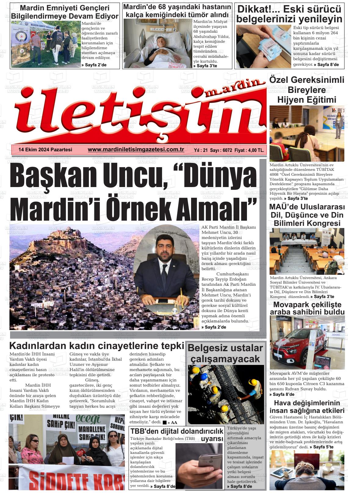 14 Ekim 2024 Mardin İletişim Gazete Manşeti