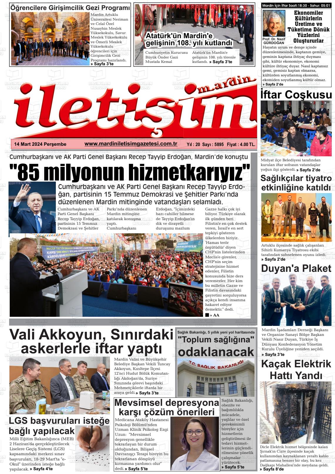 14 Mart 2024 Mardin İletişim Gazete Manşeti