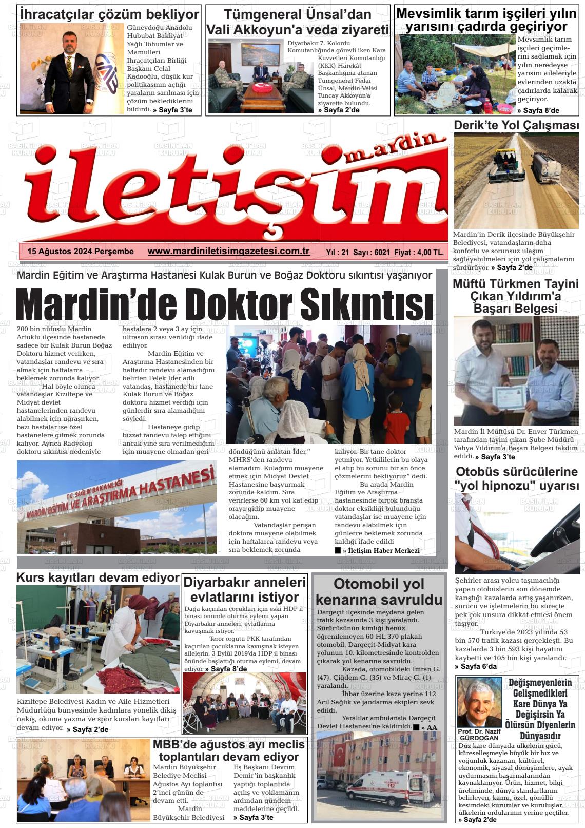 15 Ağustos 2024 Mardin İletişim Gazete Manşeti