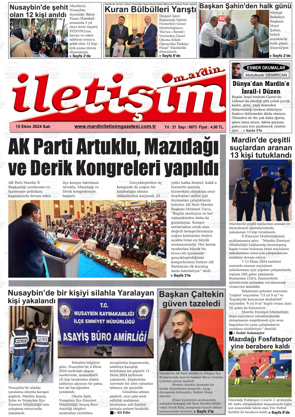 15 Ekim 2024 Mardin İletişim Gazete Manşeti