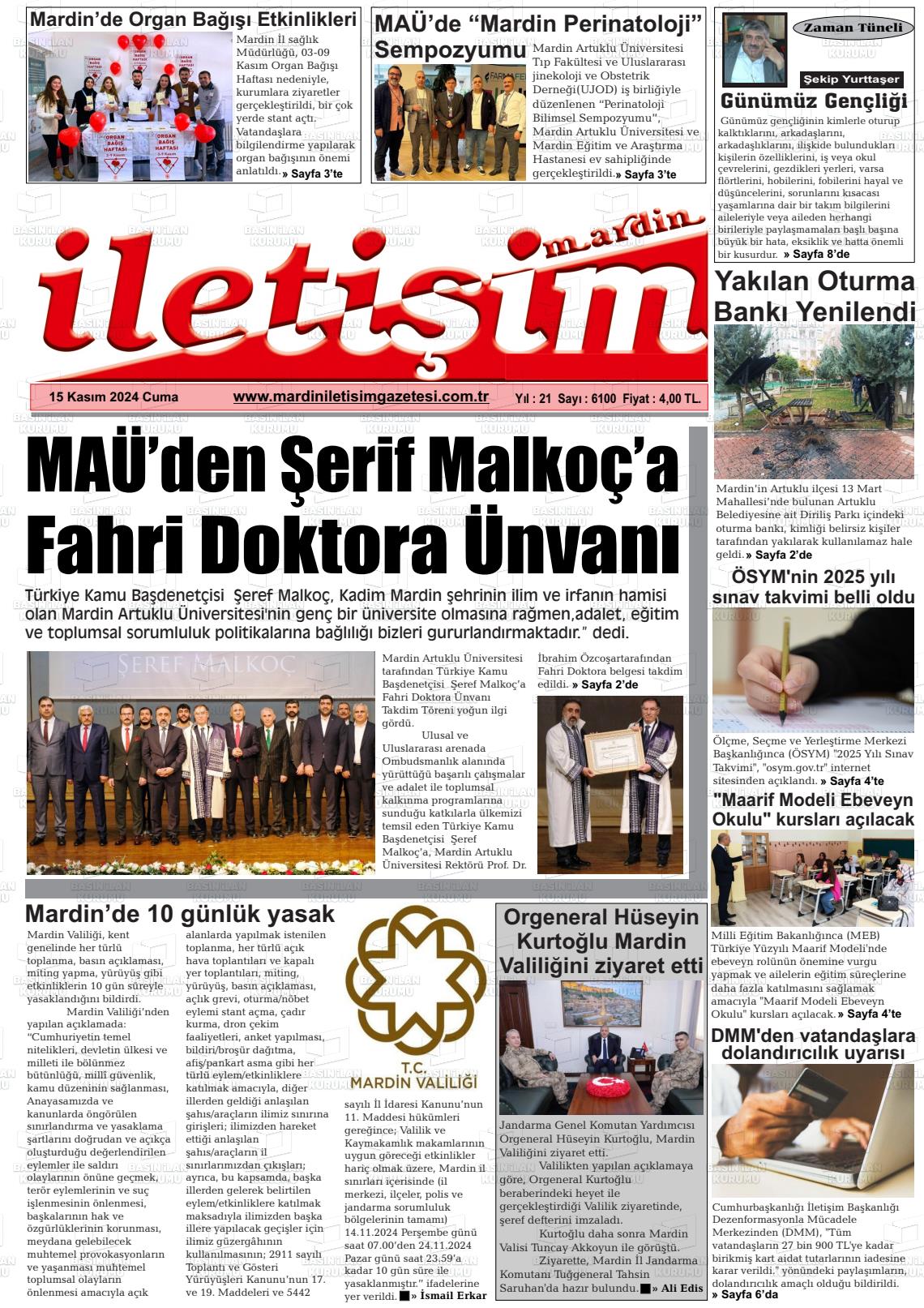 15 Kasım 2024 Mardin İletişim Gazete Manşeti