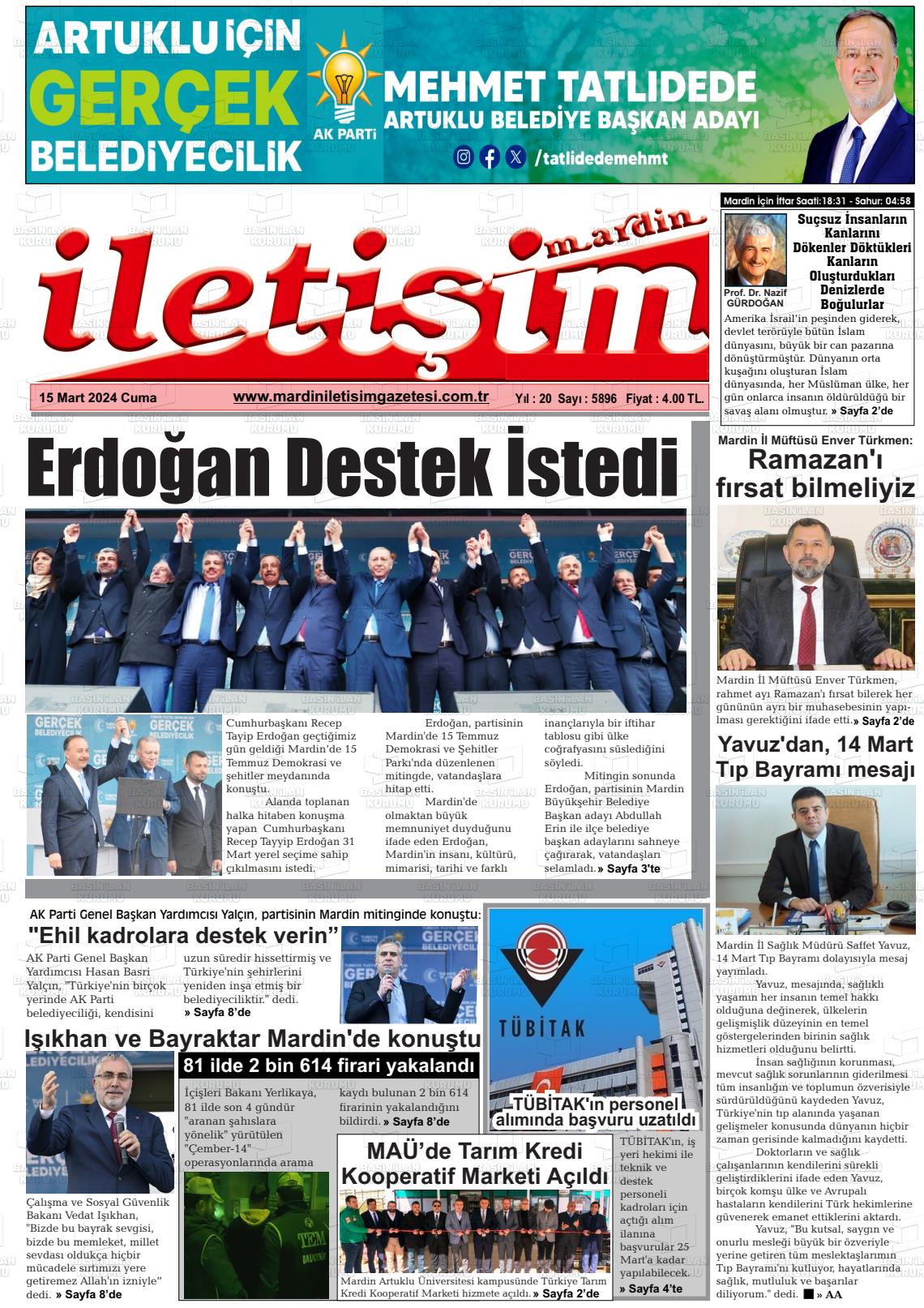 15 Mart 2024 Mardin İletişim Gazete Manşeti