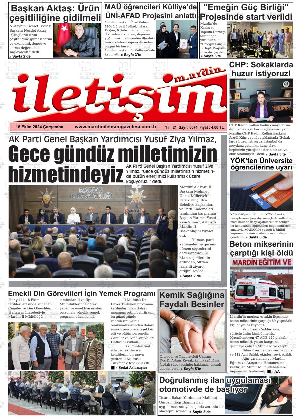 16 Ekim 2024 Mardin İletişim Gazete Manşeti