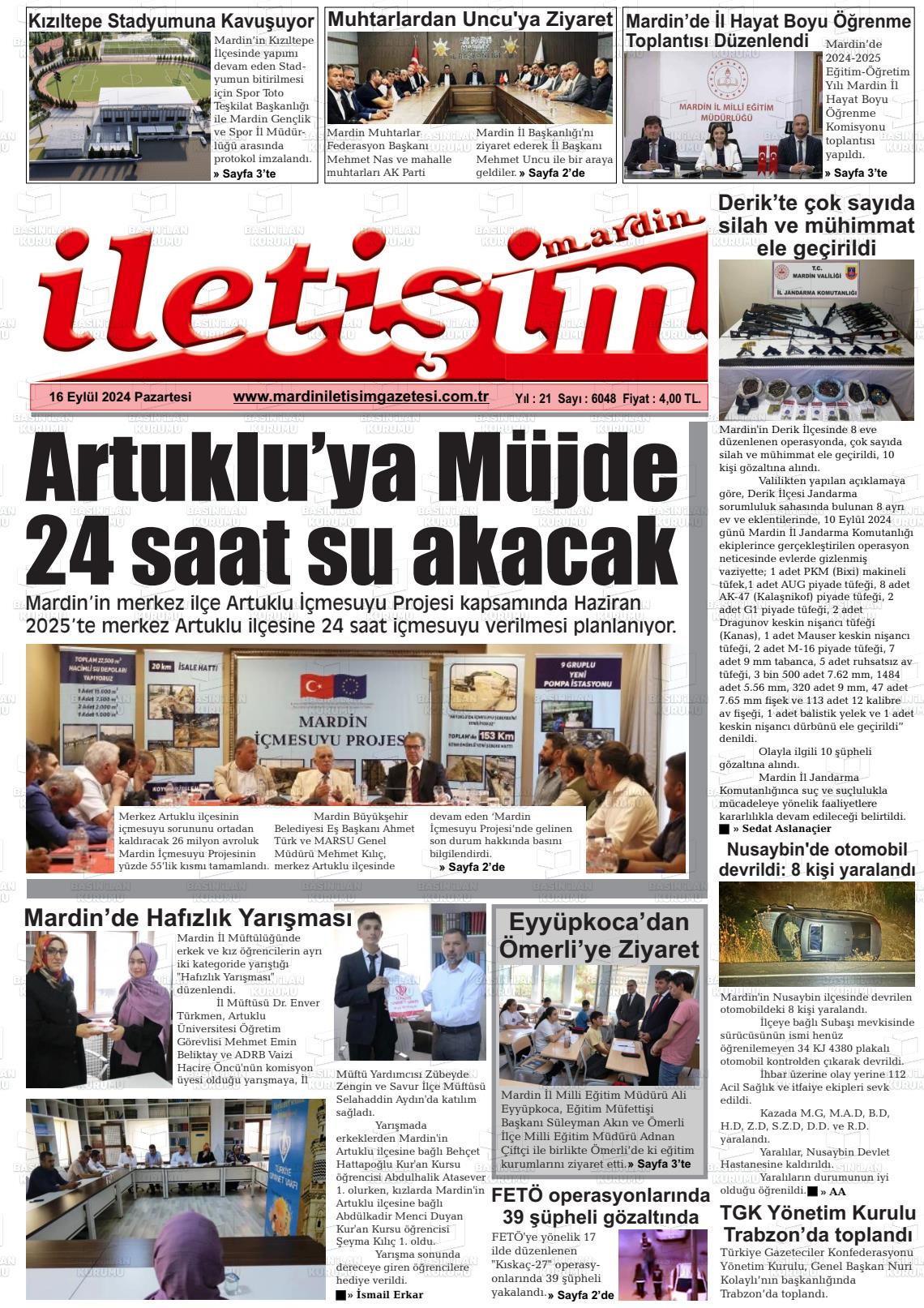 16 Eylül 2024 Mardin İletişim Gazete Manşeti