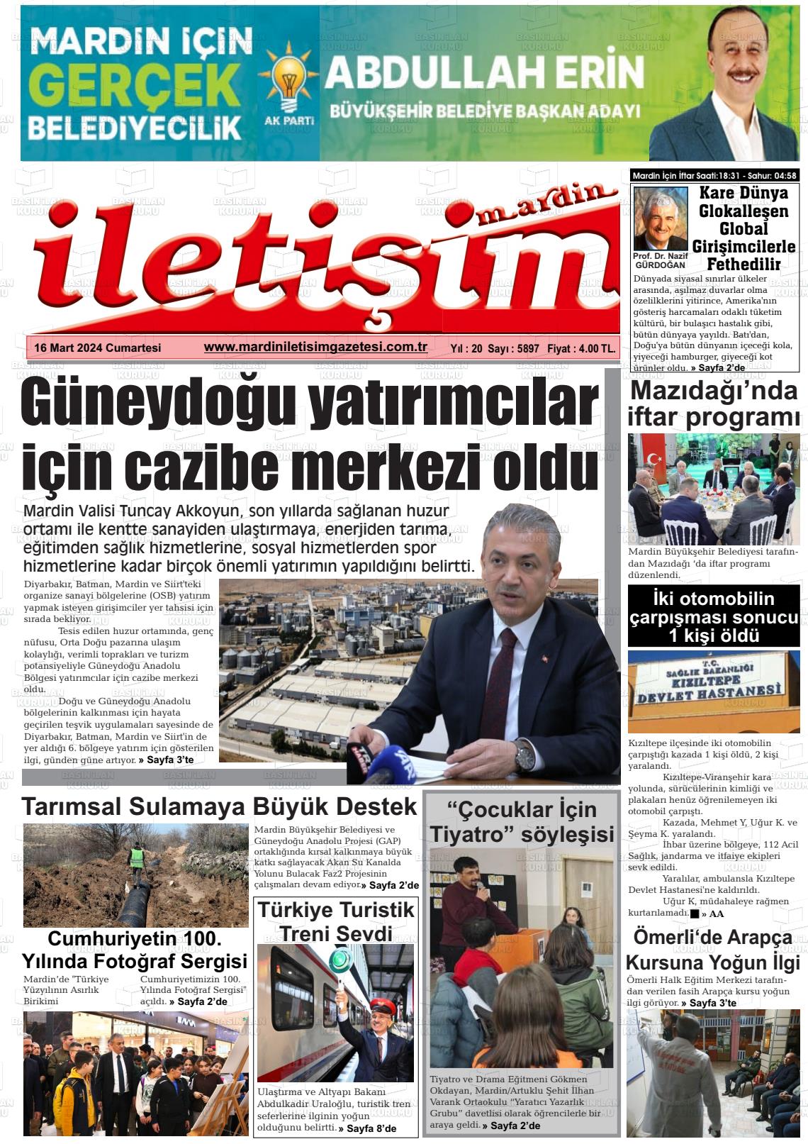 16 Mart 2024 Mardin İletişim Gazete Manşeti