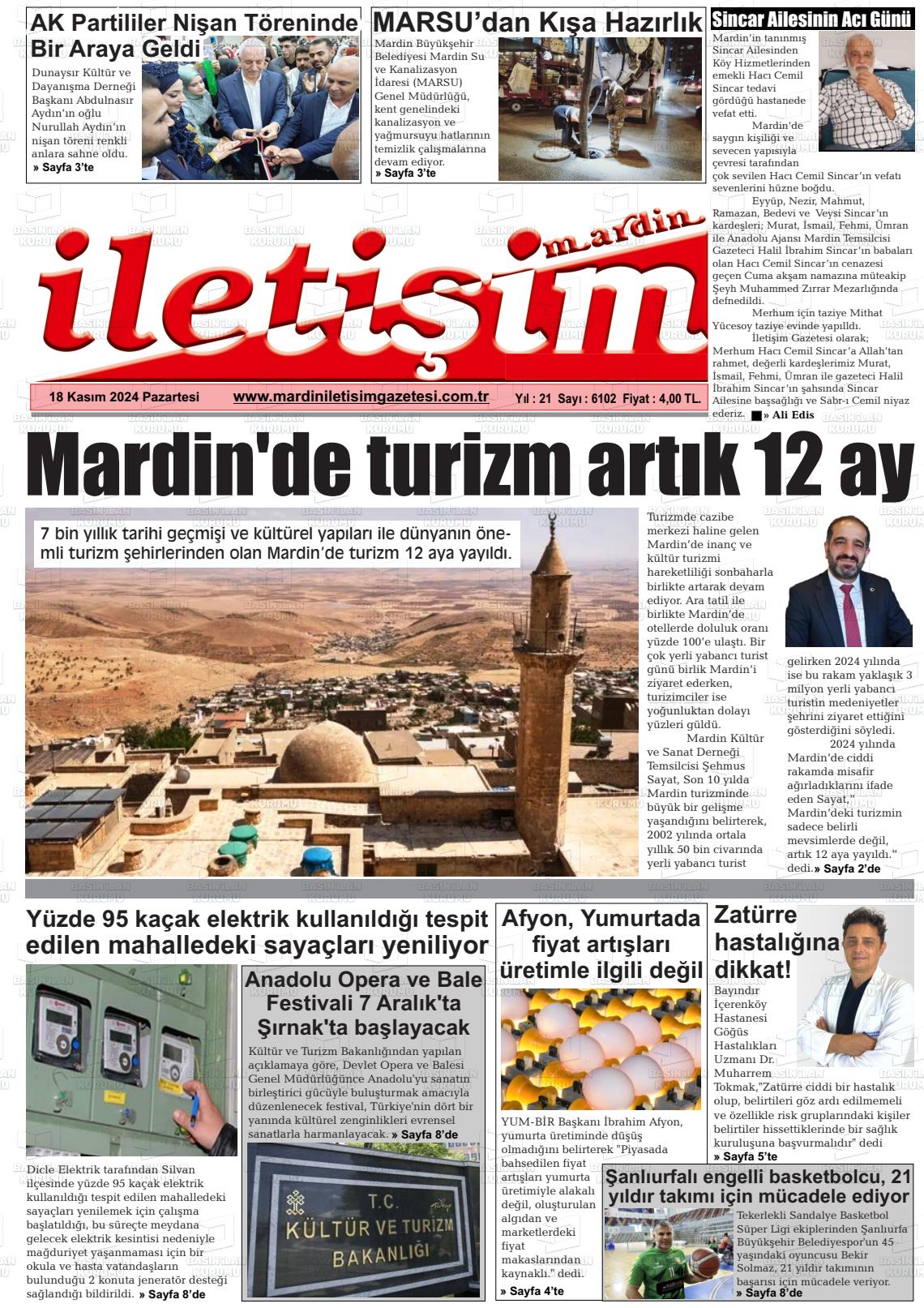 18 Kasım 2024 Mardin İletişim Gazete Manşeti