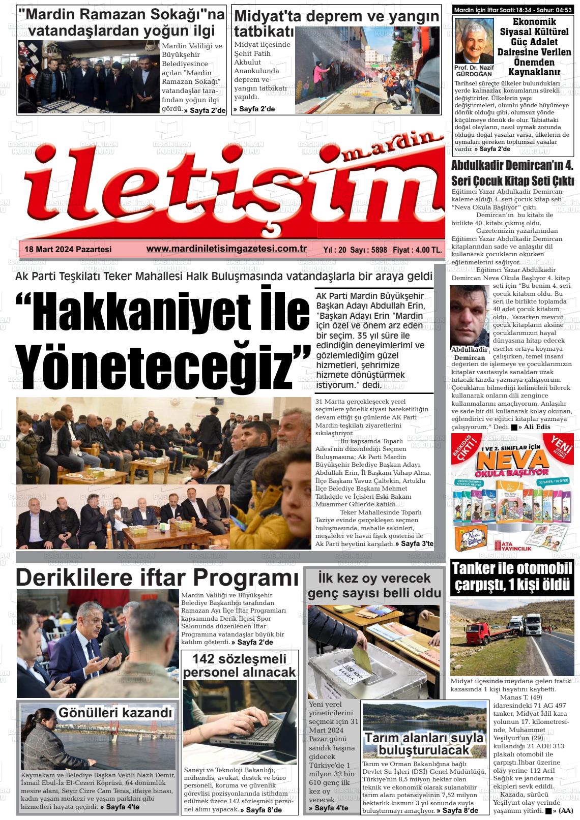 18 Mart 2024 Mardin İletişim Gazete Manşeti