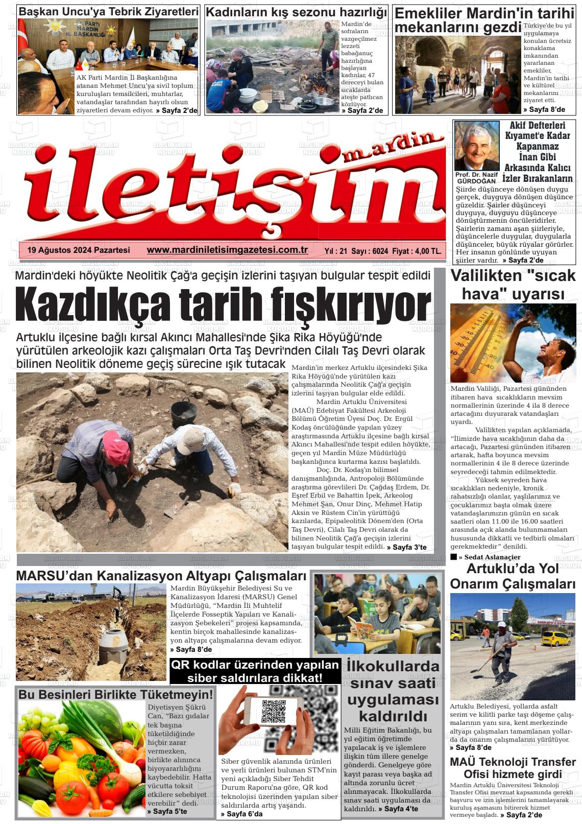 19 Ağustos 2024 Mardin İletişim Gazete Manşeti