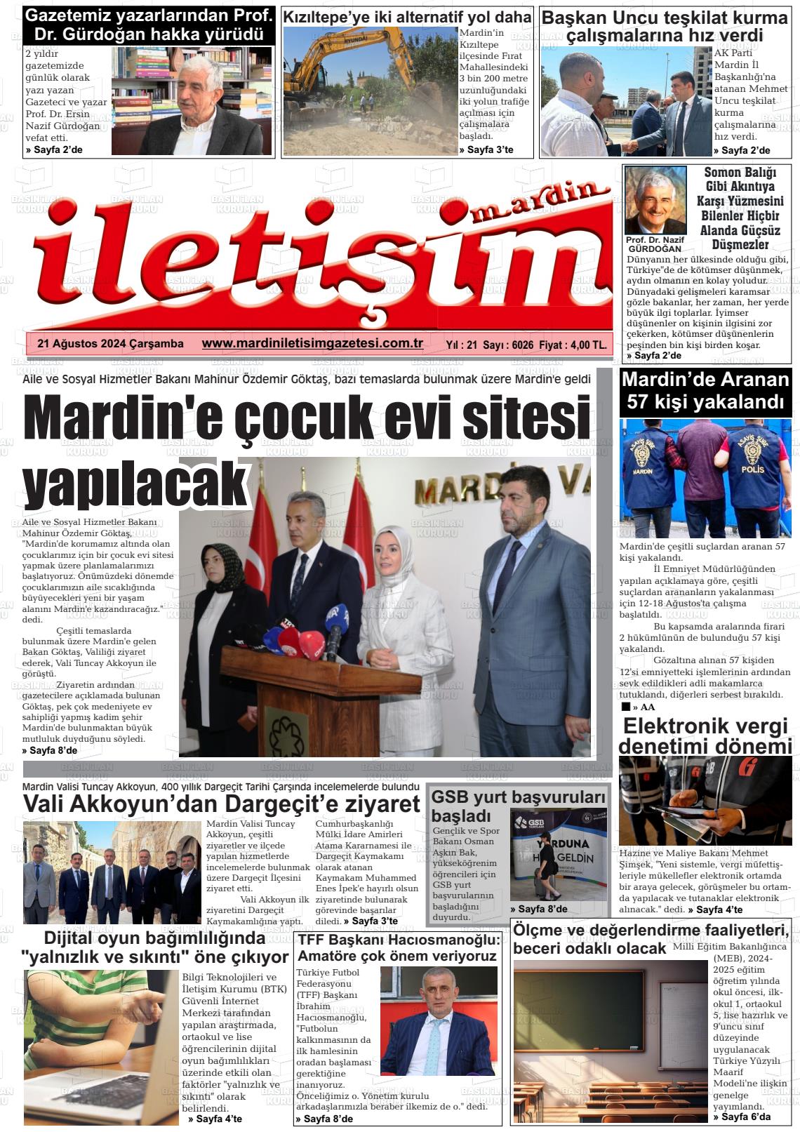 21 Ağustos 2024 Mardin İletişim Gazete Manşeti