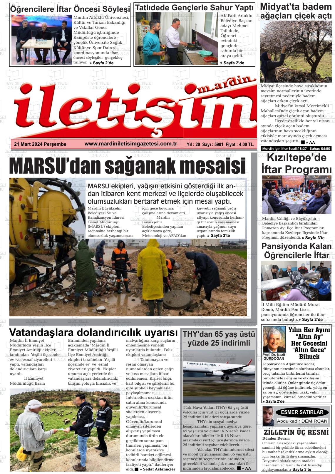 21 Mart 2024 Mardin İletişim Gazete Manşeti