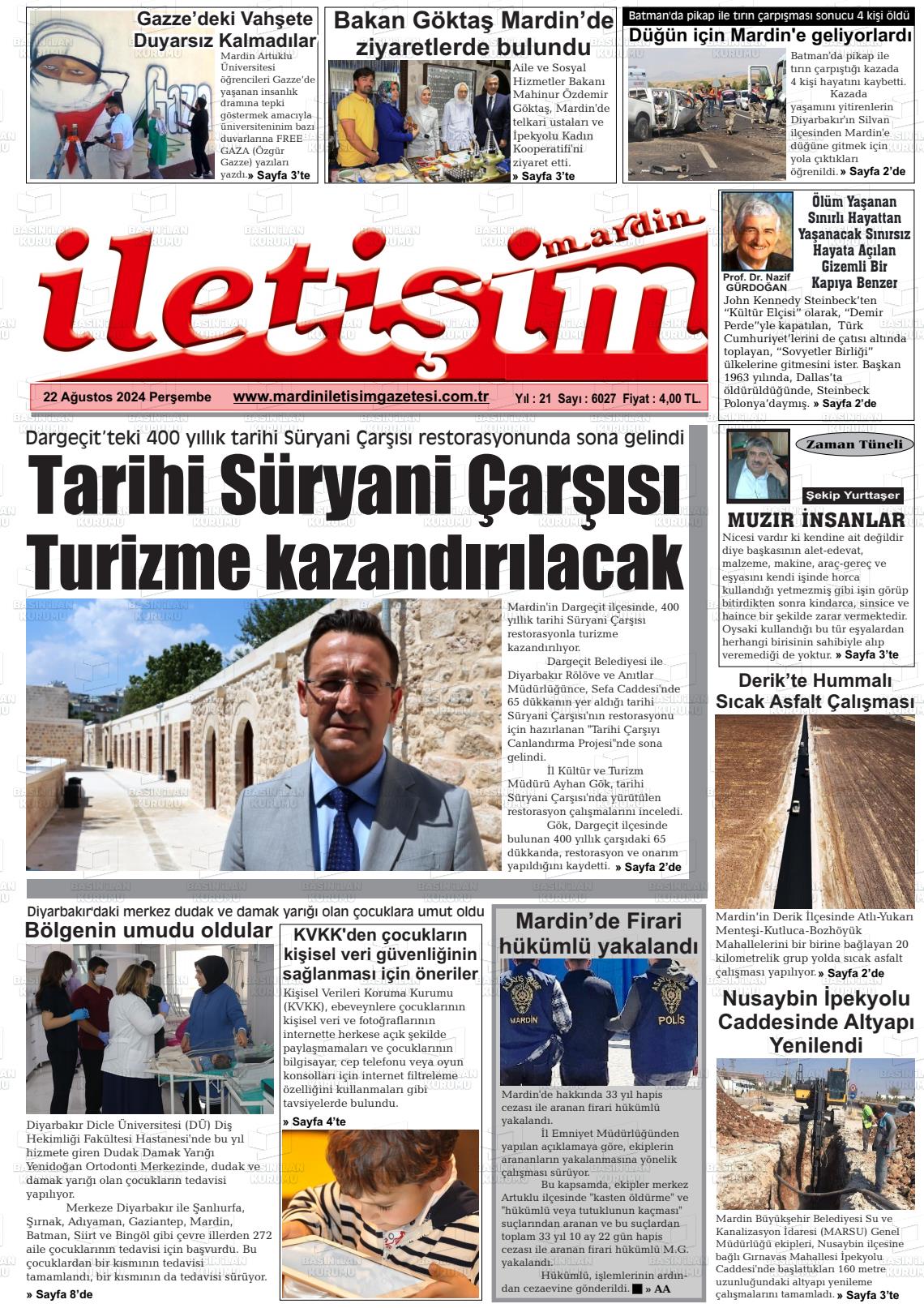 22 Ağustos 2024 Mardin İletişim Gazete Manşeti