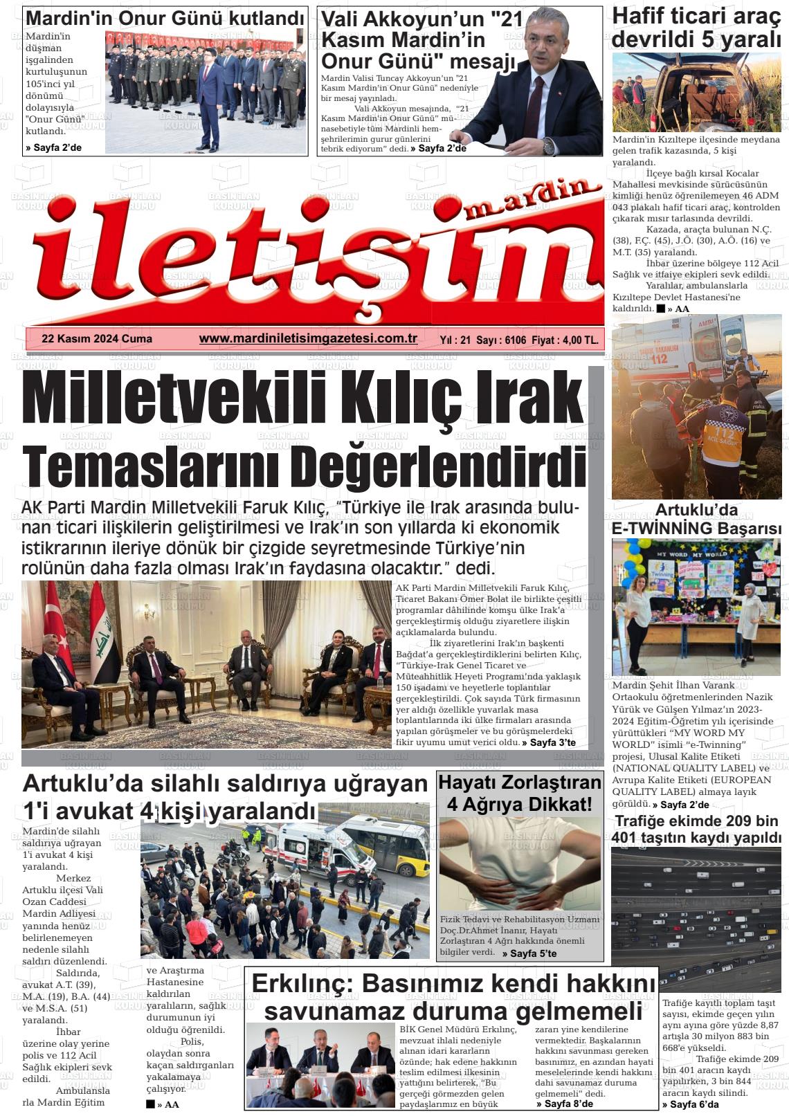 22 Kasım 2024 Mardin İletişim Gazete Manşeti