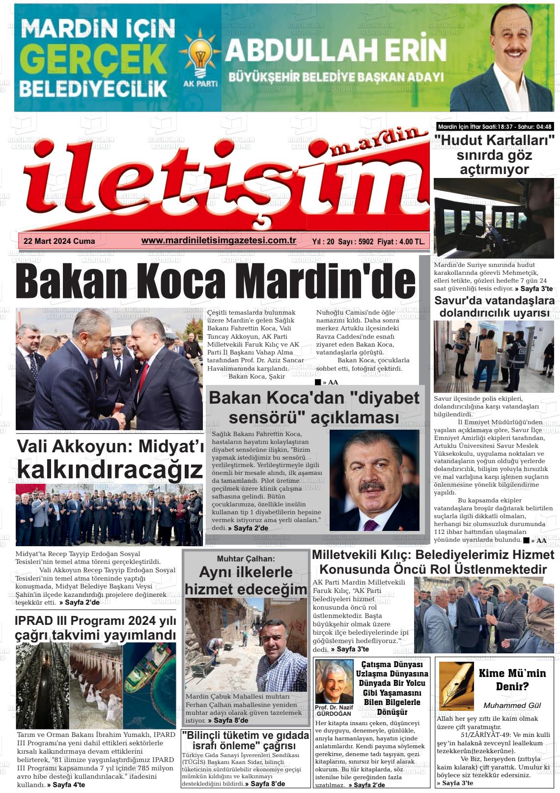 22 Mart 2024 Mardin İletişim Gazete Manşeti